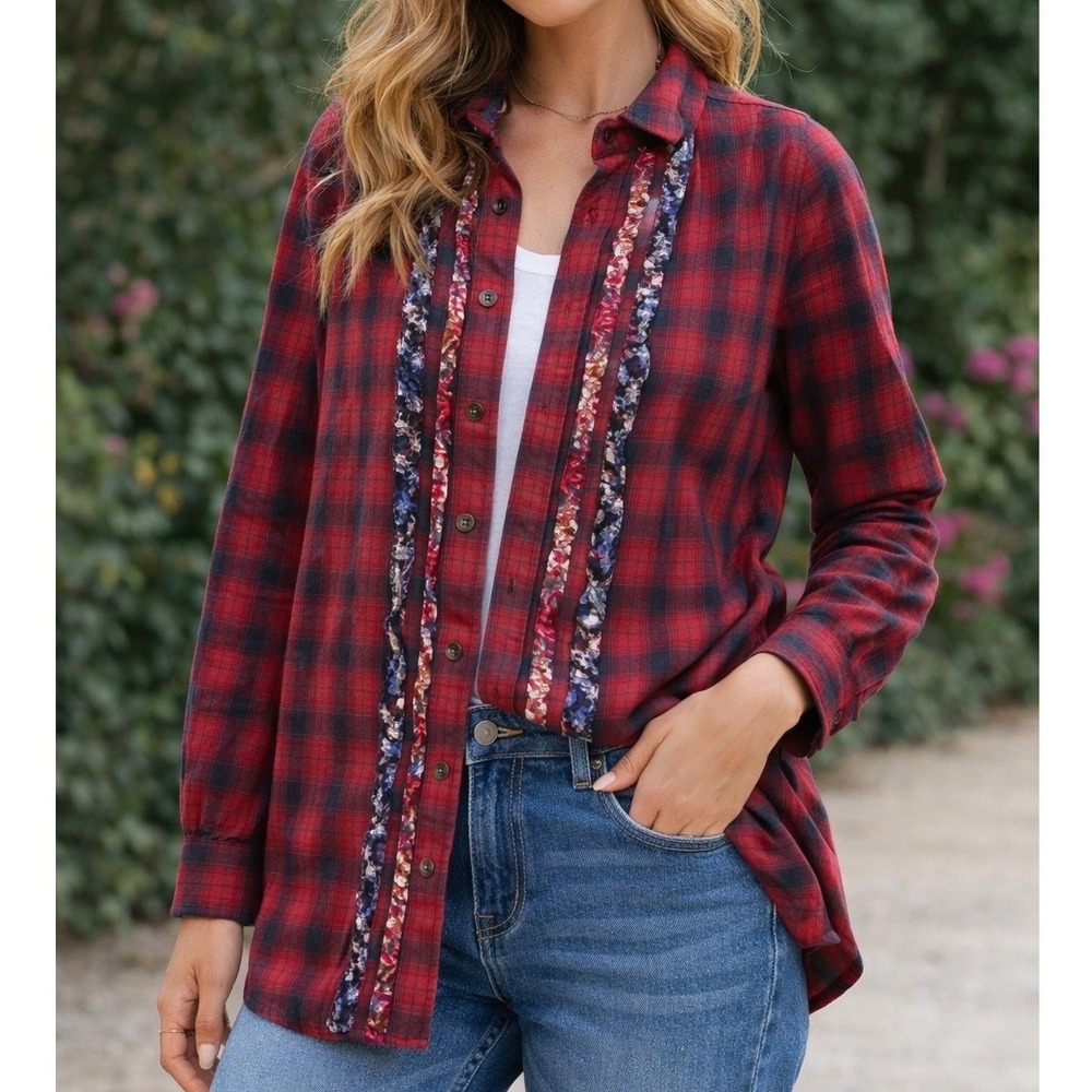 Artisan de Luxe Red Plaid‎ Aztec Button Up Shirt Women's Medium Embellished z2